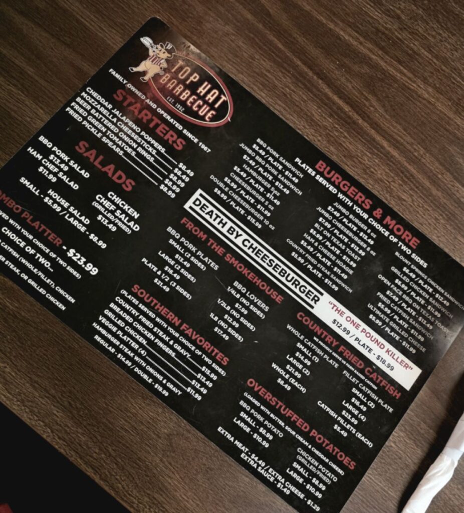 Top Hat Barbecue Menu 3