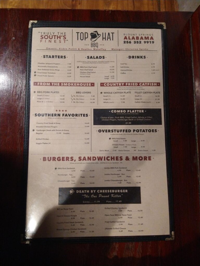 Top Hat Barbecue Menu 5